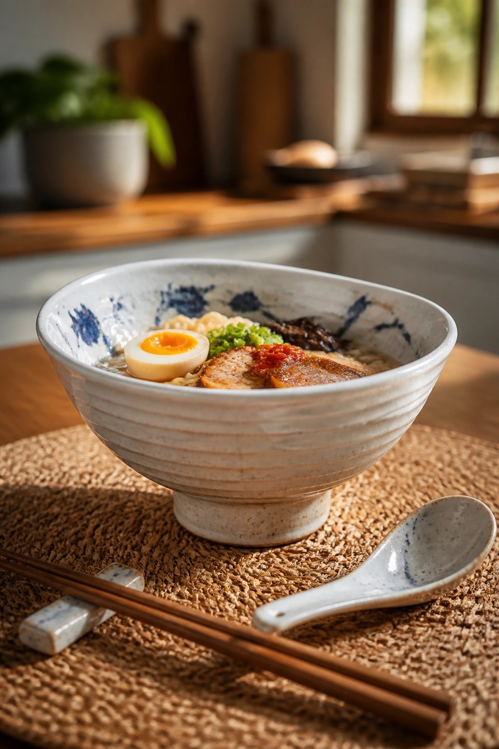 Ramen bowl with egg and pork on woven mat with chopsticks and spoon