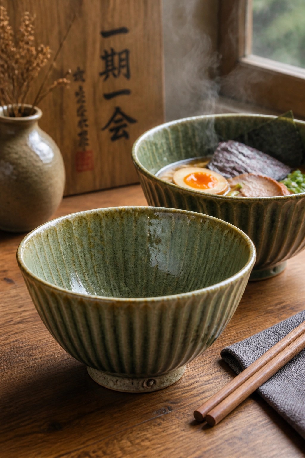 Empty green bowl beside steaming ramen with chopsticks on wooden table