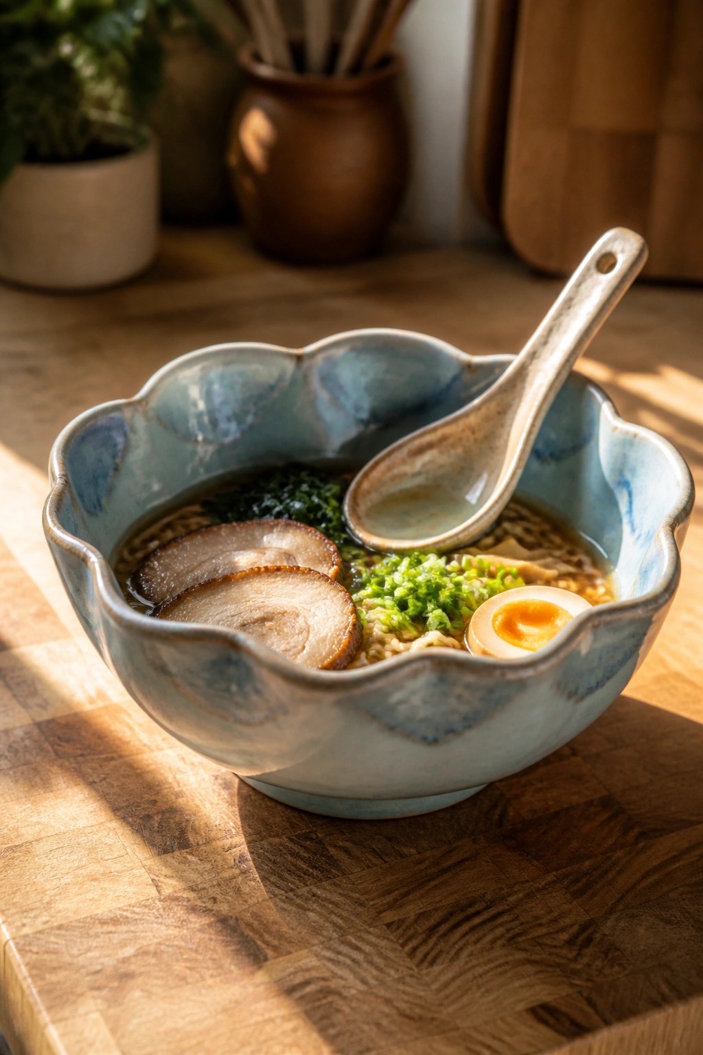 Scalloped blue bowl of ramen with pork slices, egg, green onions, and spoon.