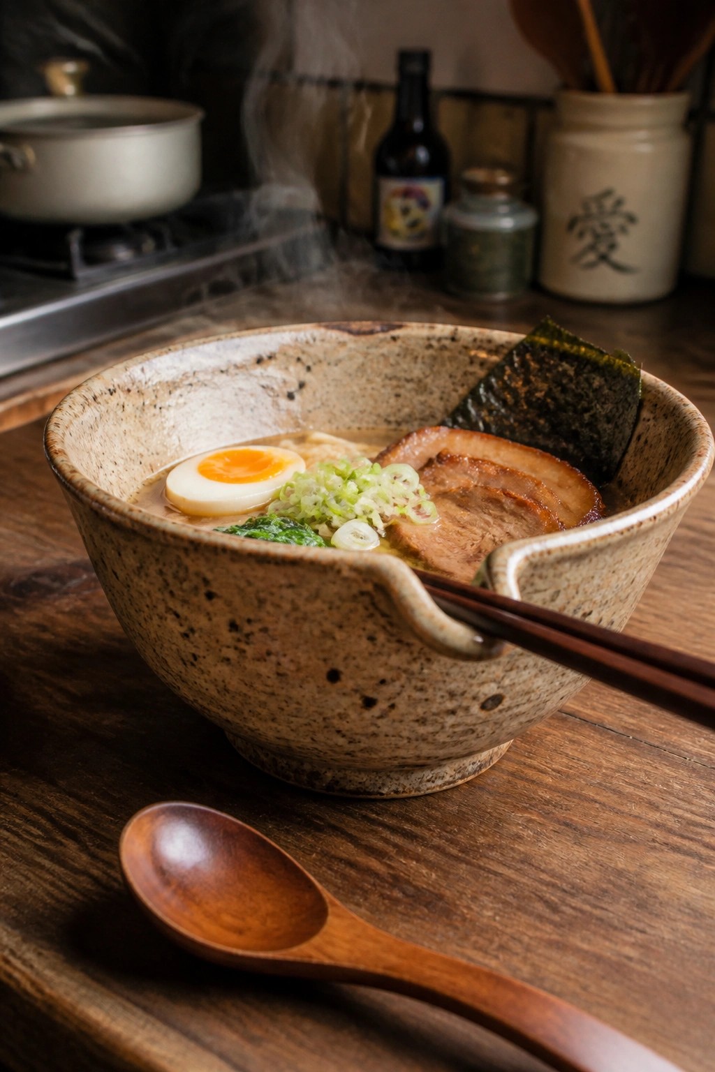 Steaming ramen bowl with egg, pork, nori, chopsticks on rustic ceramic dish, spoon nearby