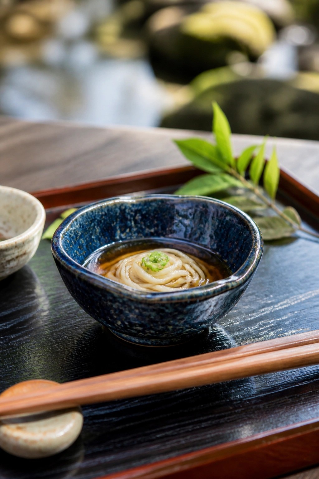 Blue speckled bowl of noodles with chopsticks on dark wooden tray