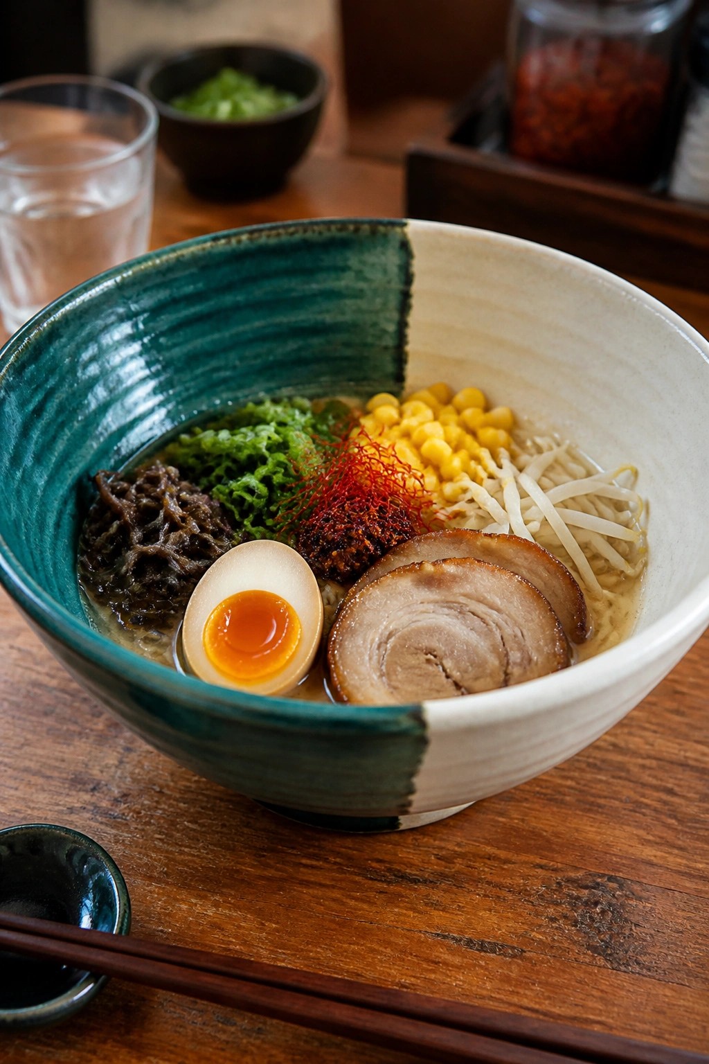 Ramen in teal and white bowl with egg, pork slices, corn, and garnishes on wood table