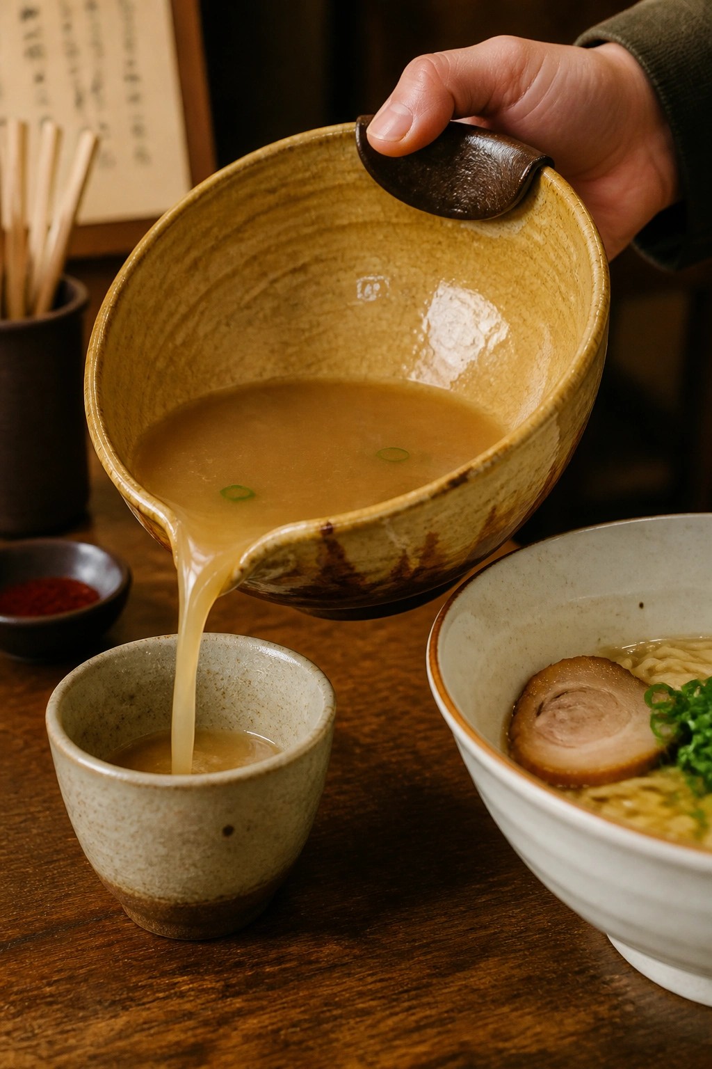 Hand pouring broth from ceramic bowl into small cup beside ramen bowl