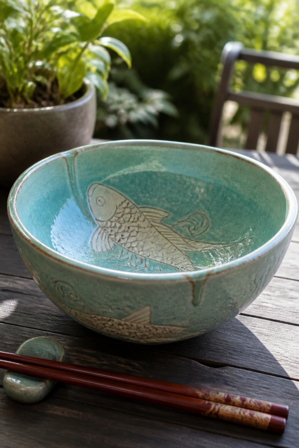 Turquoise ceramic bowl with fish design beside chopsticks on wooden table