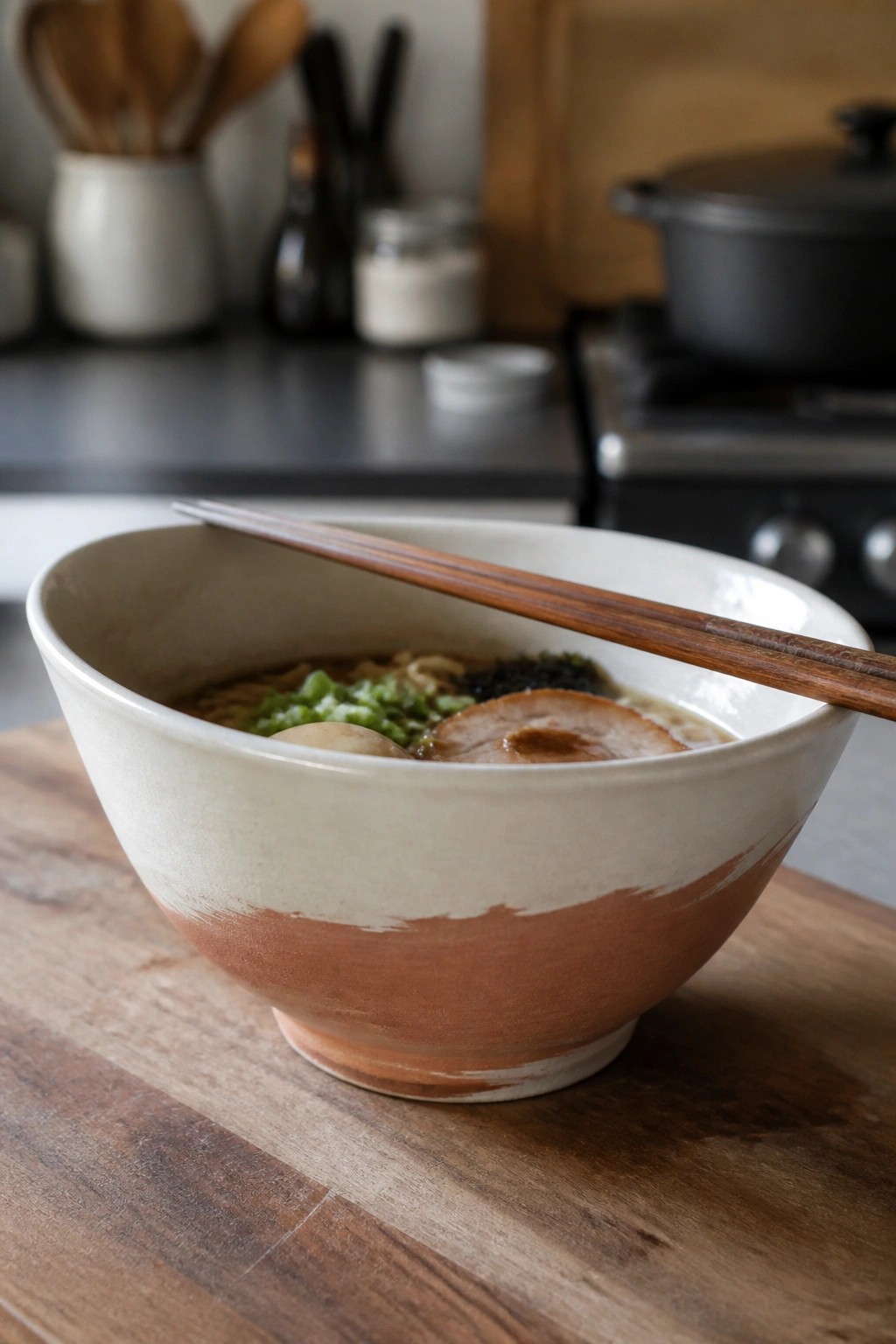 Ceramic bowl of ramen with chopsticks on wooden kitchen counter