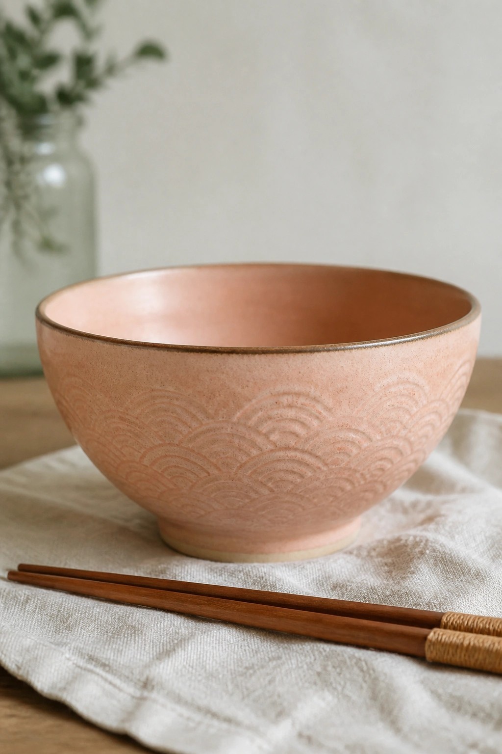 Pink ceramic bowl with wave pattern beside wooden chopsticks on white cloth