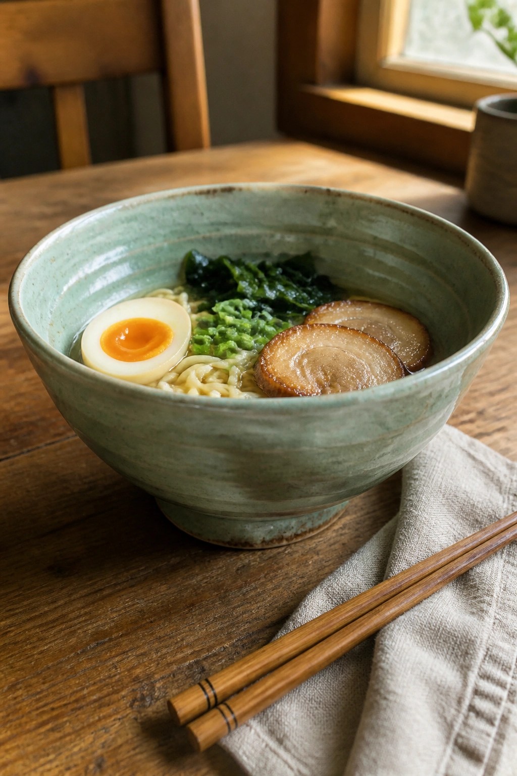 Green ceramic ramen bowl with egg, pork slices, and greens beside wooden chopsticks on table