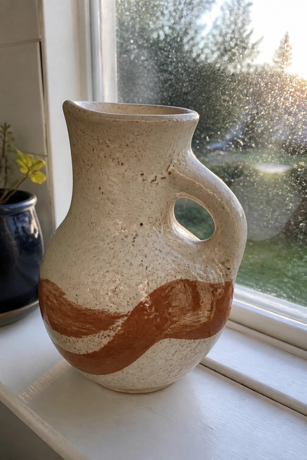 Speckled beige ceramic pitcher with wavy rust stripe and looped handle on windowsill