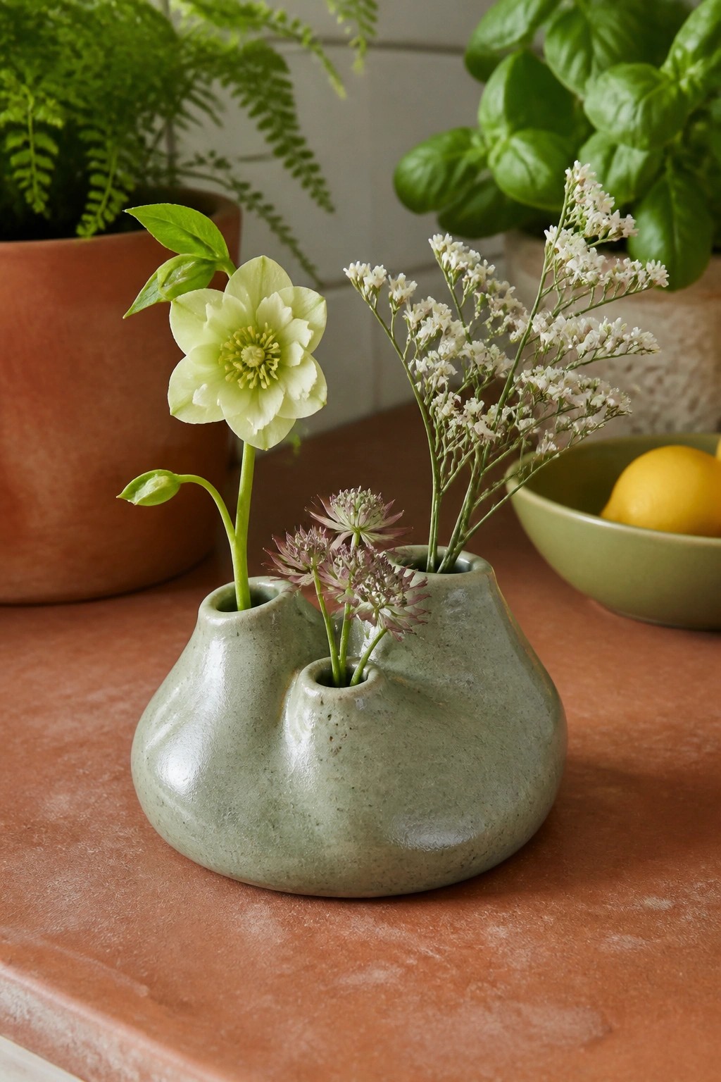 Organic green ceramic vase holding pale hellebore and delicate white flowers on terracotta table