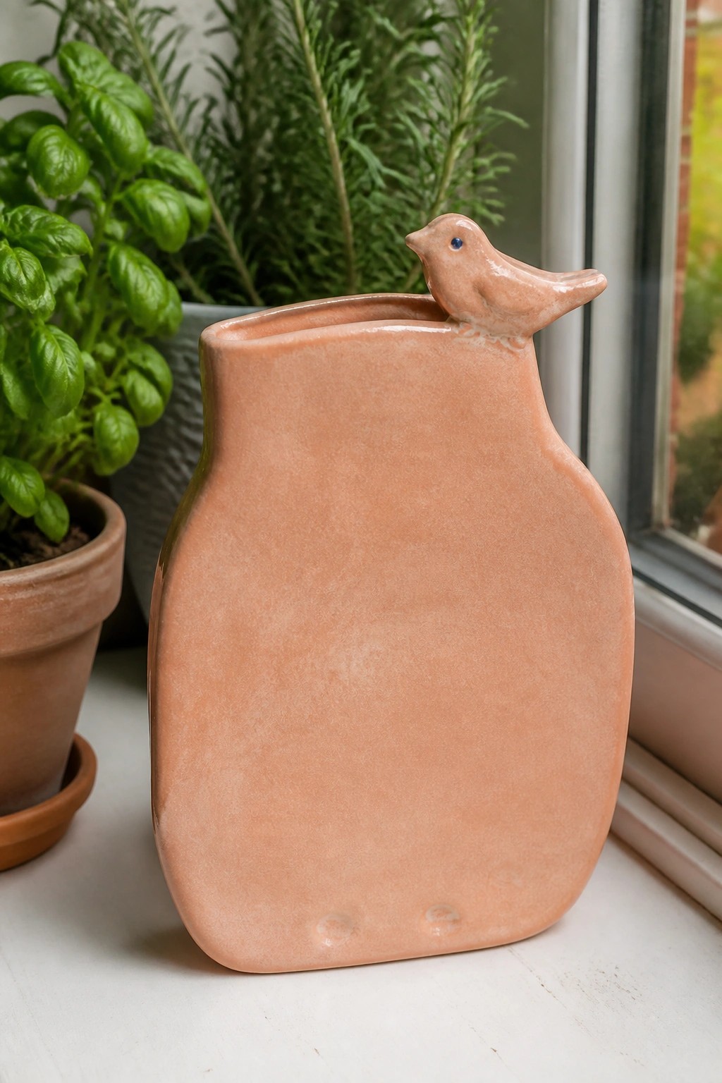 Peach ceramic vase with small bird perched on rim near potted plants