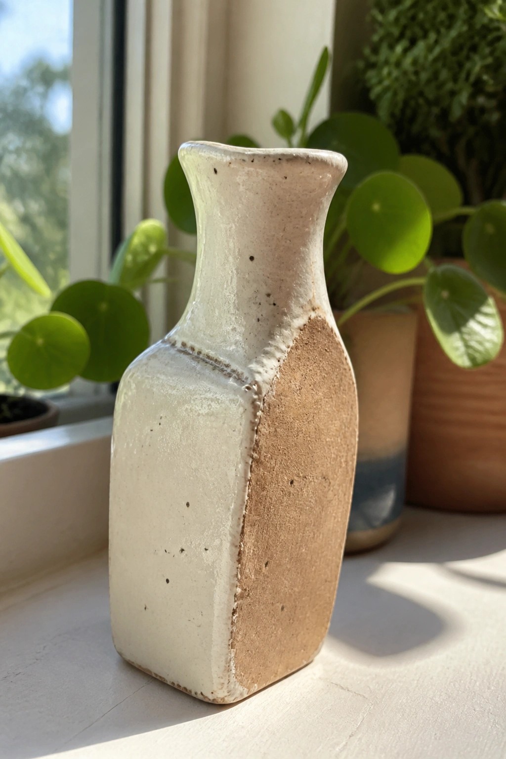 Speckled white ceramic vase with brown unglazed side on sunny windowsill with plants.