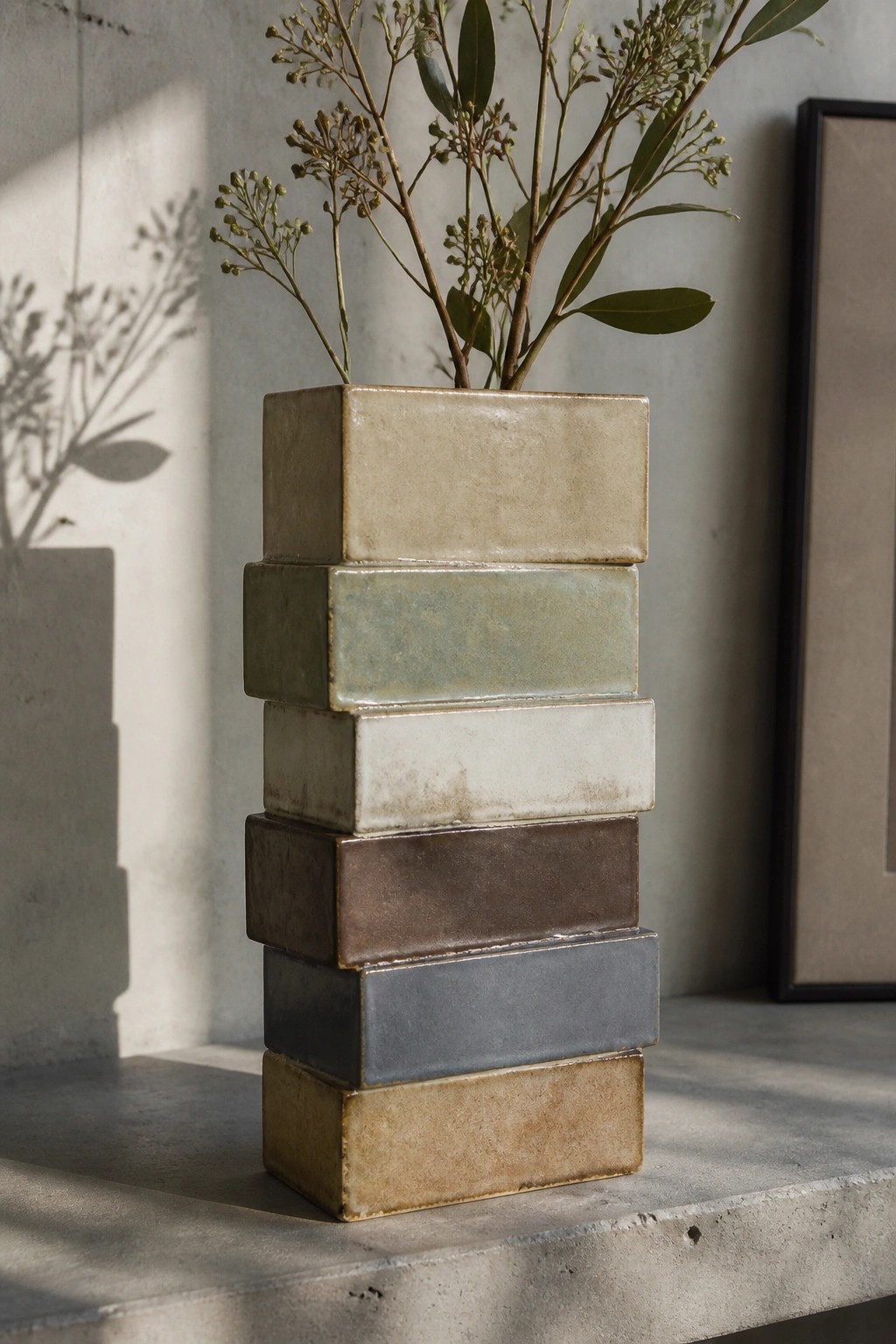 Stacked multicolored ceramic blocks form a vase with dried branches.