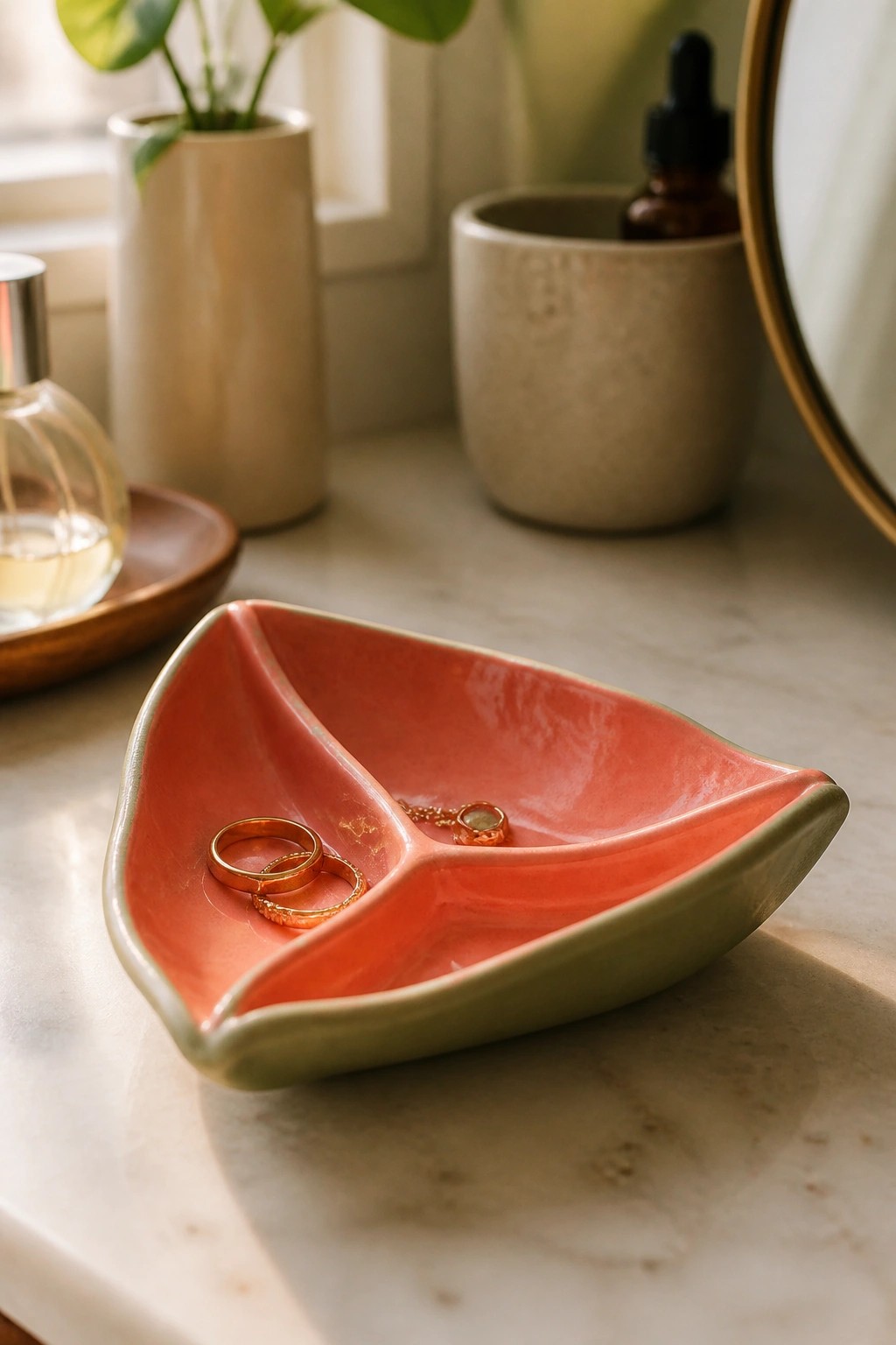 A small ceramic tray with coral and green glaze has two compartments holding gold rings and a necklace on a marble surface.
