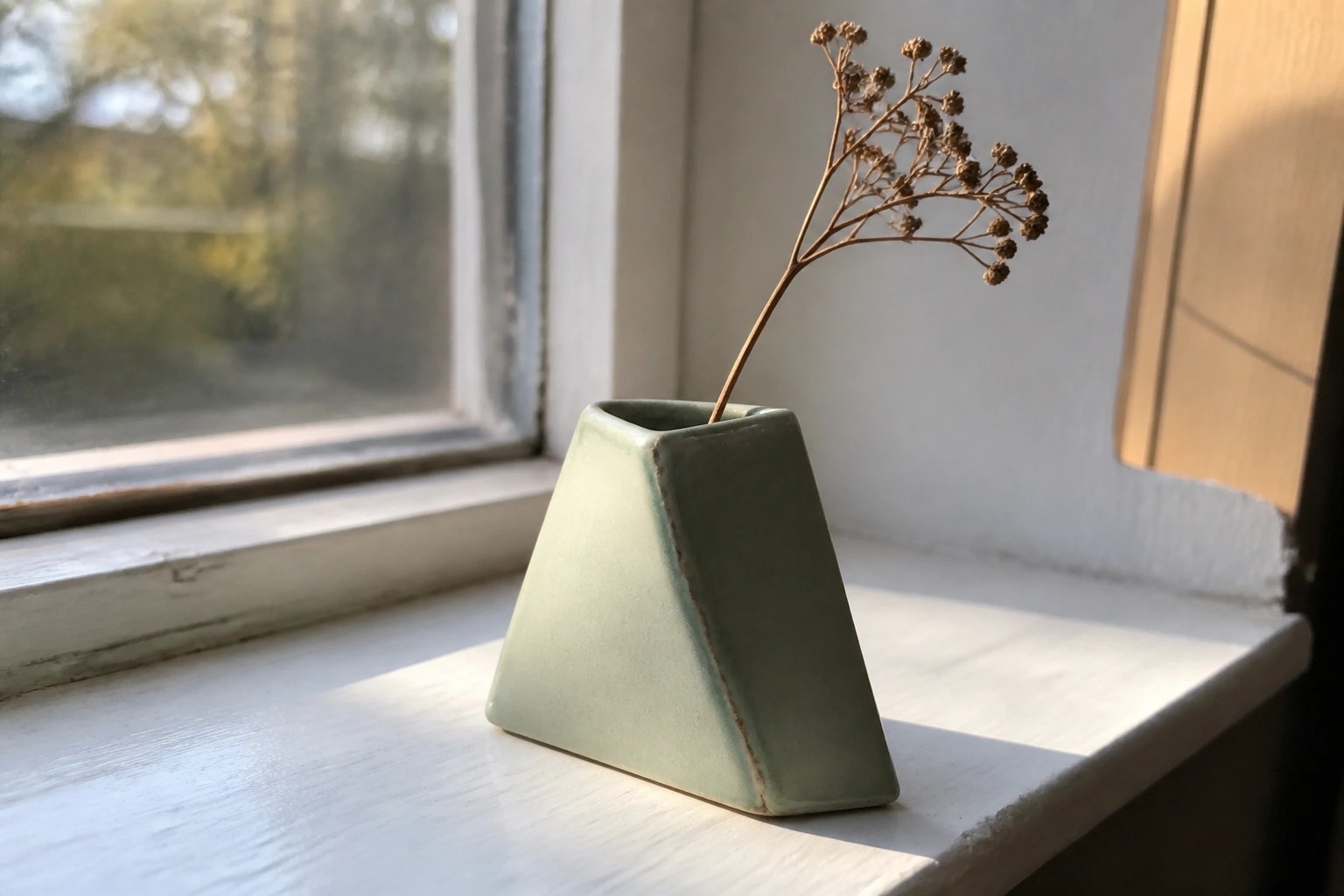 Geometric light green ceramic vase with dried stems on sunlit white windowsill