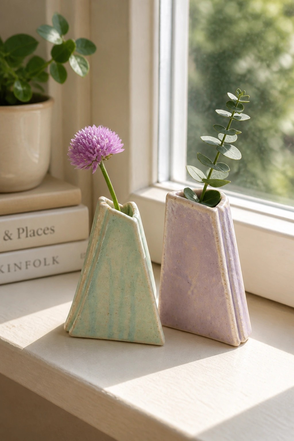 Two triangular ceramic vases on a windowsill, green with flower and purple with eucalyptus.