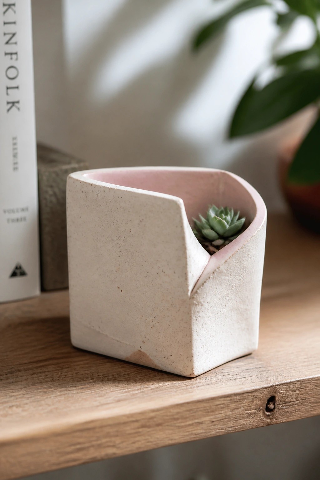 Beige textured ceramic planter with pink interior and small succulent on wood