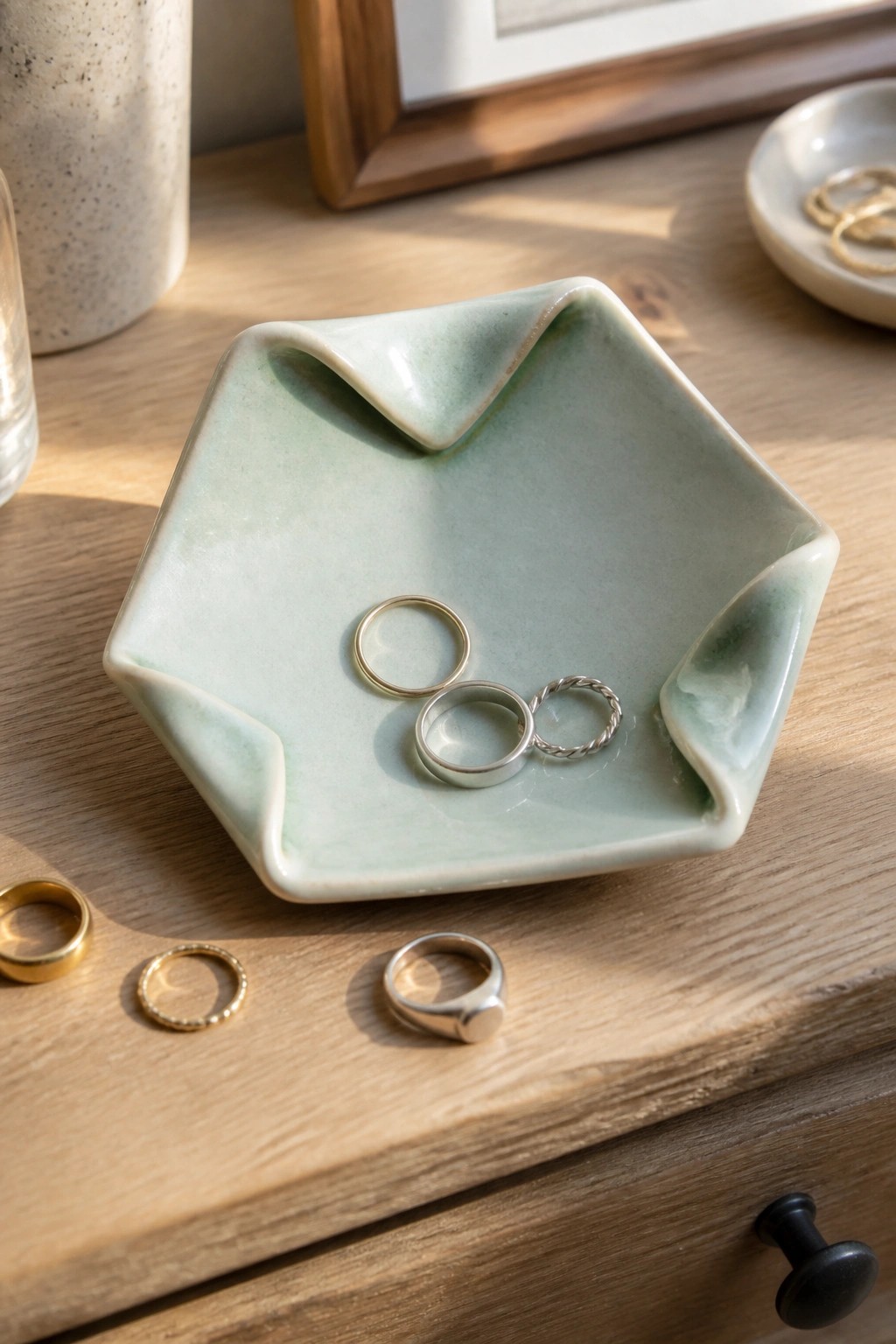 Pale green ceramic dish with gold and silver rings on wooden dresser.