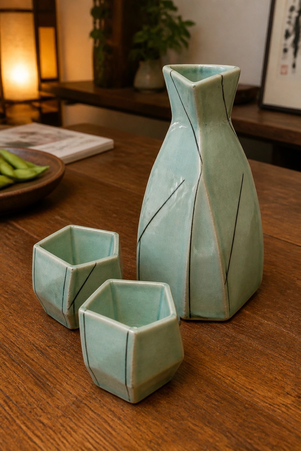 Light blue ceramic sake bottle with black lines and two small cups on wood table