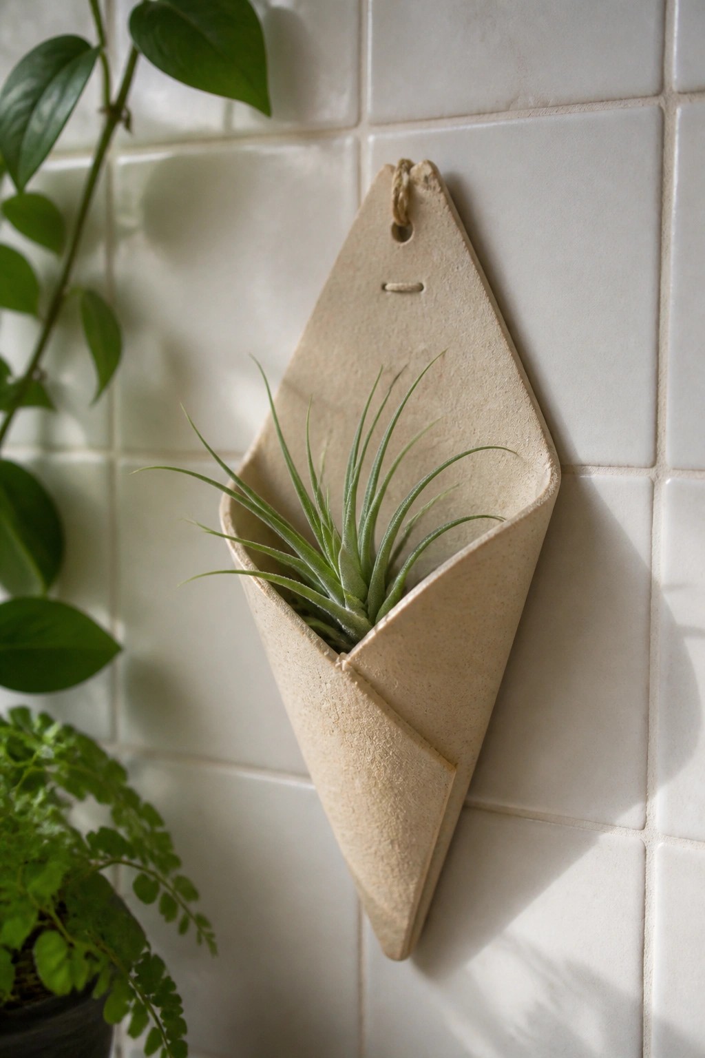 Beige ceramic wall pocket holding green air plant on white tiles.