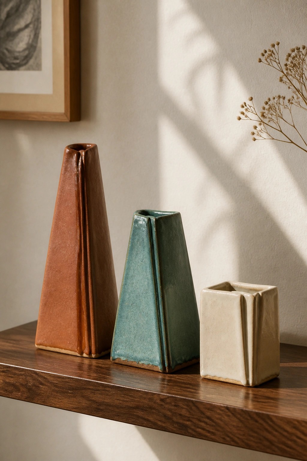 Three angular ceramic vases in brown, teal, and cream on wooden shelf.