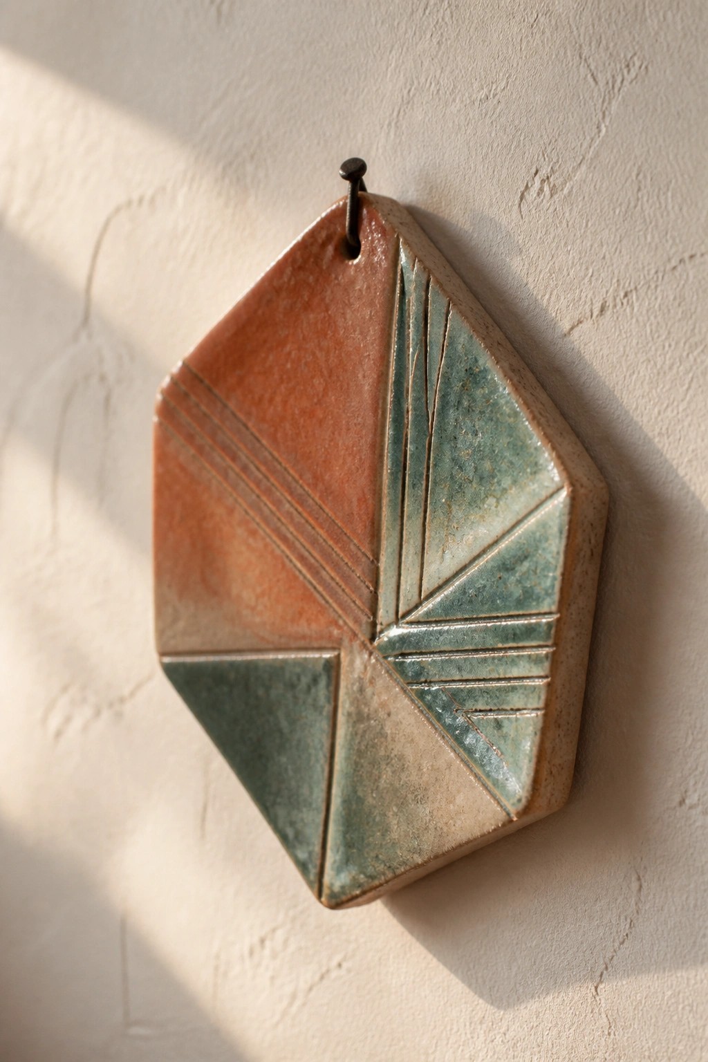 Geometric ceramic wall hanging with orange and teal glazed triangular sections on nail