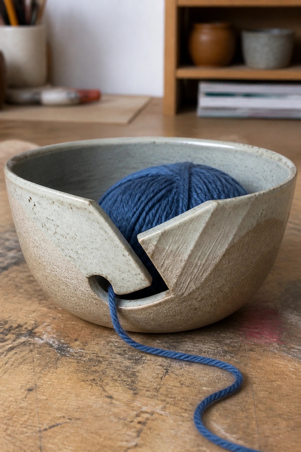 Ceramic yarn bowl with blue ball and trailing strand on wooden table