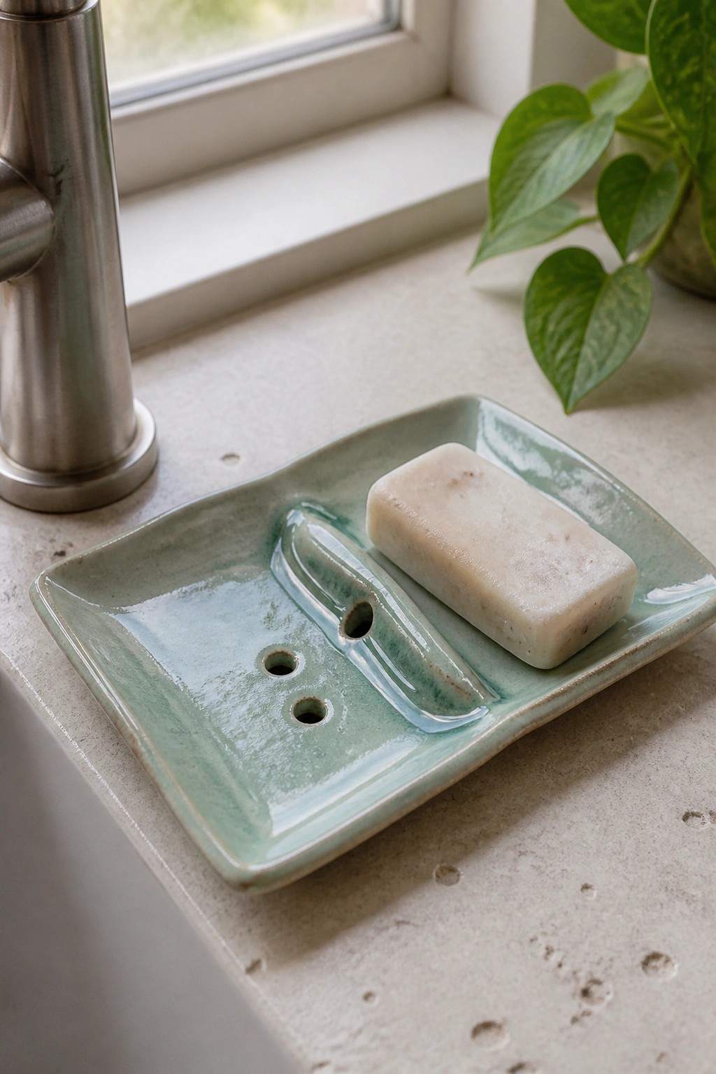 Green ceramic soap dish with bar of soap on windowsill beside faucet and plant.