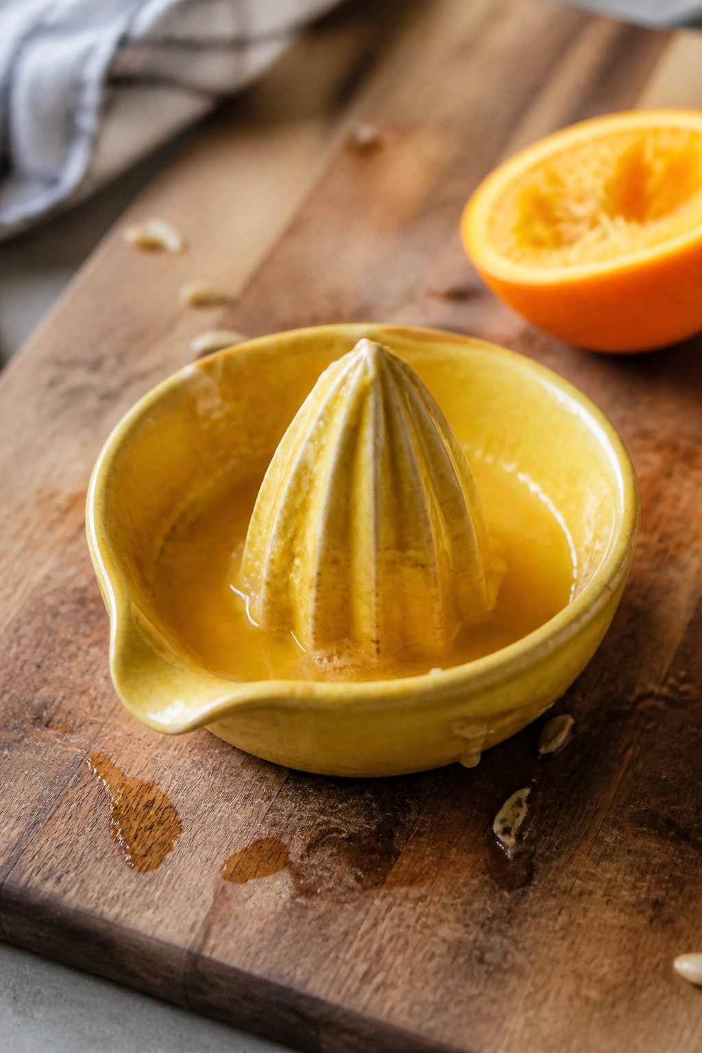 Yellow ceramic juicer with orange juice beside halved fruit on wooden board