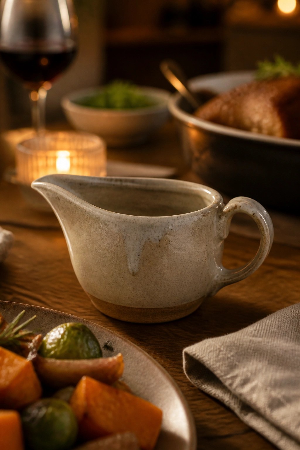 Ceramic gravy boat beside roasted vegetables, red wine glass, and glowing candle on wooden table