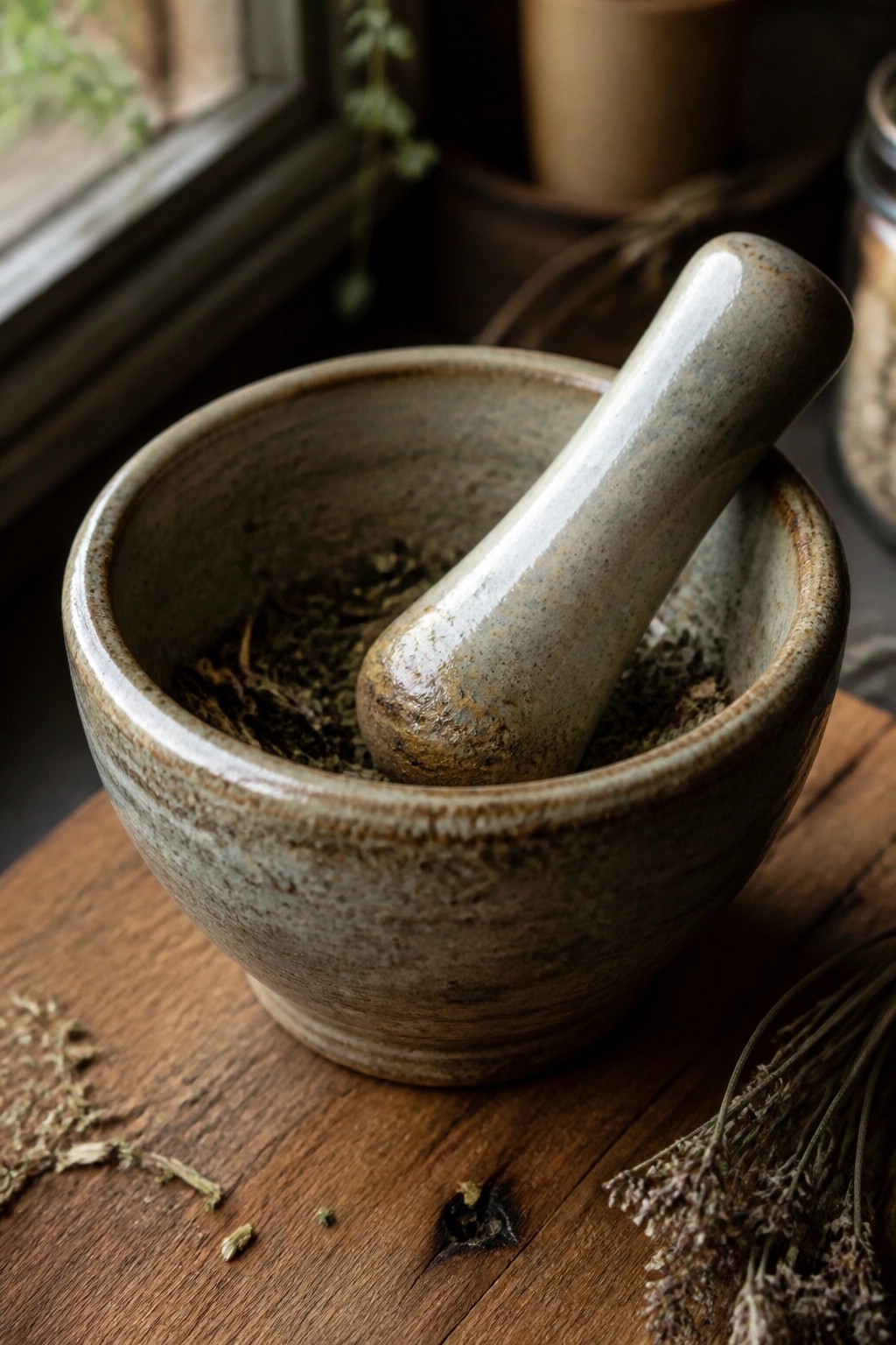 Ceramic mortar and pestle with crushed herbs on rustic wooden table