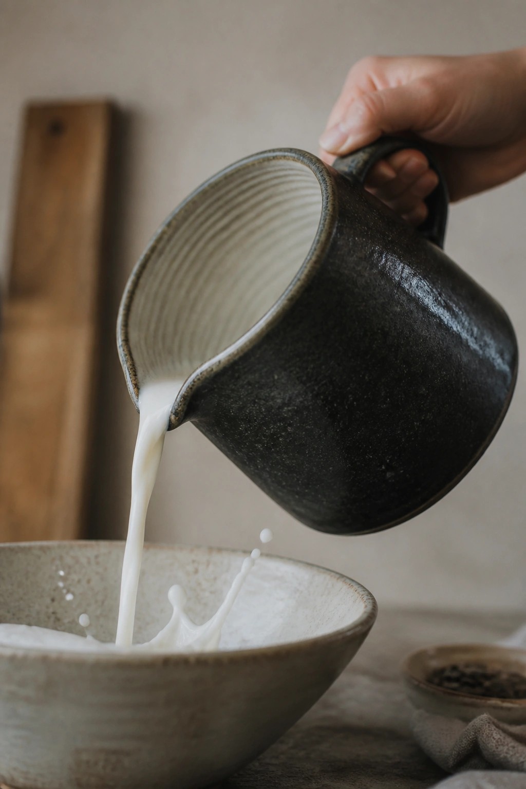 Hand pours white liquid from dark ceramic pitcher into speckled bowl, splashing.