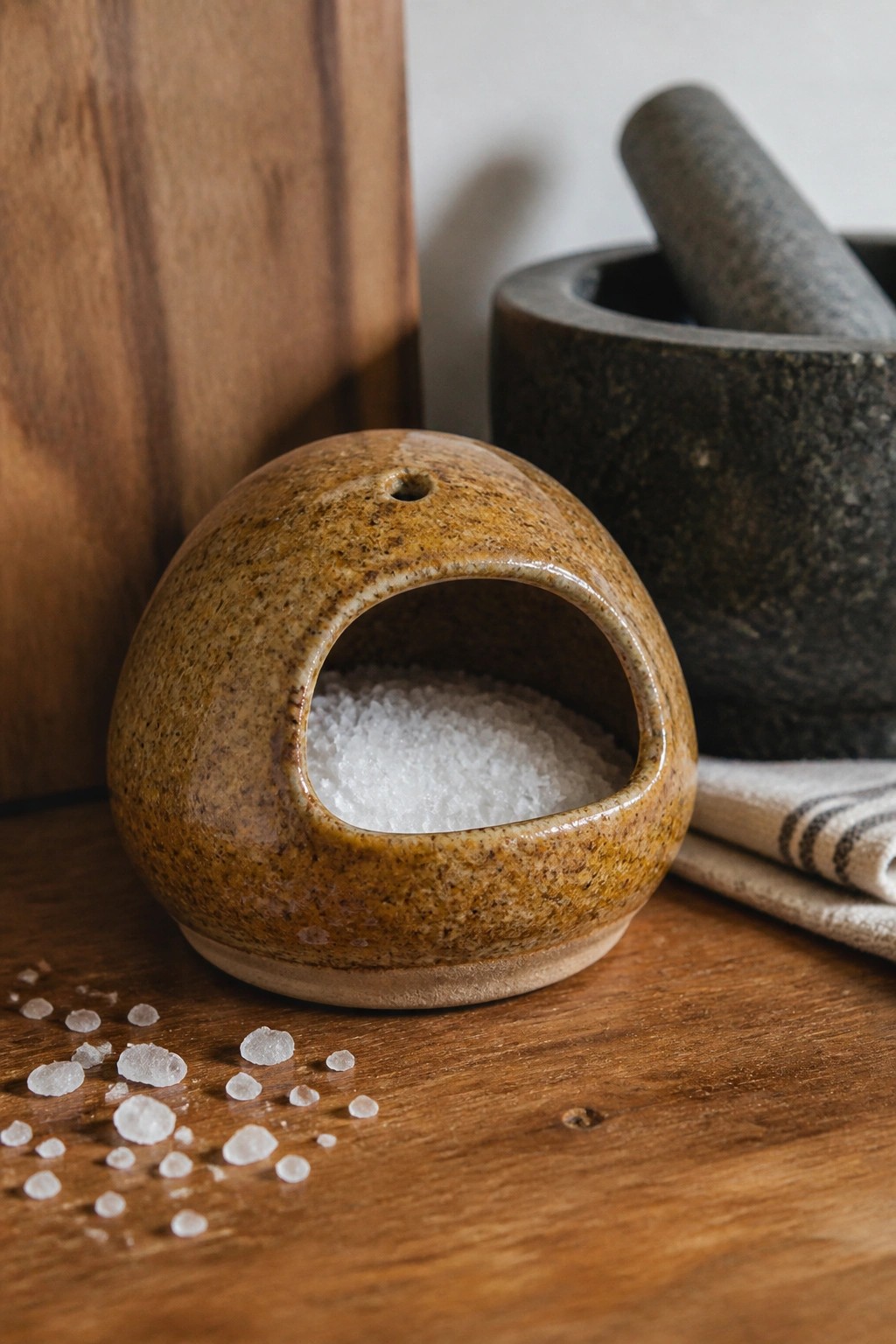 Brown speckled ceramic salt bowl with white crystals on wooden table near mortar