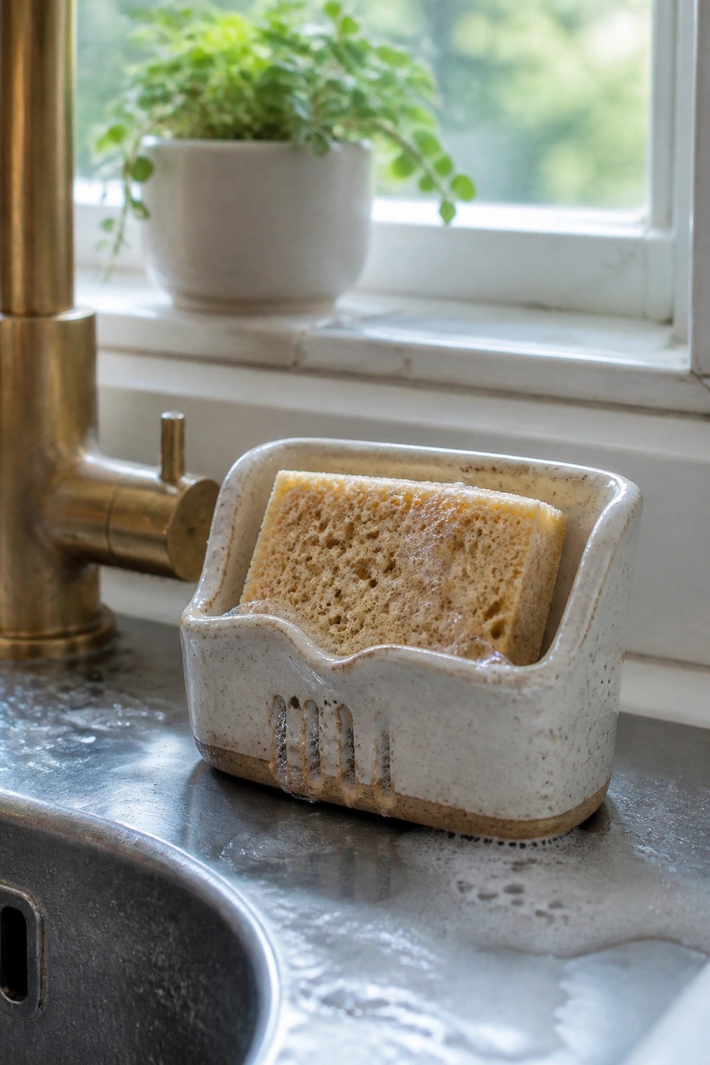 Sponge in speckled ceramic holder on soapy sink beside brass faucet and window plant