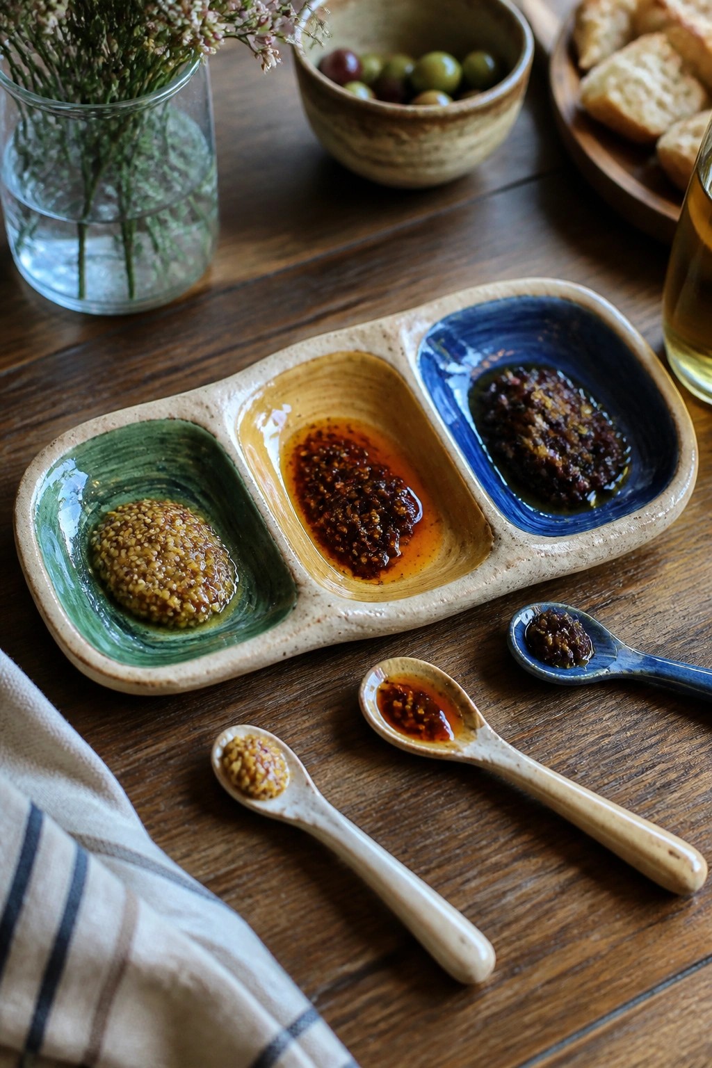 Ceramic three-section tray with colorful sauces and tasting spoons on wooden table