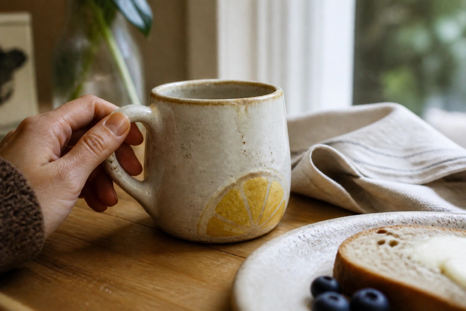 Hand in knit sleeve holds lemon-decorated ceramic mug on sunlit wooden table.