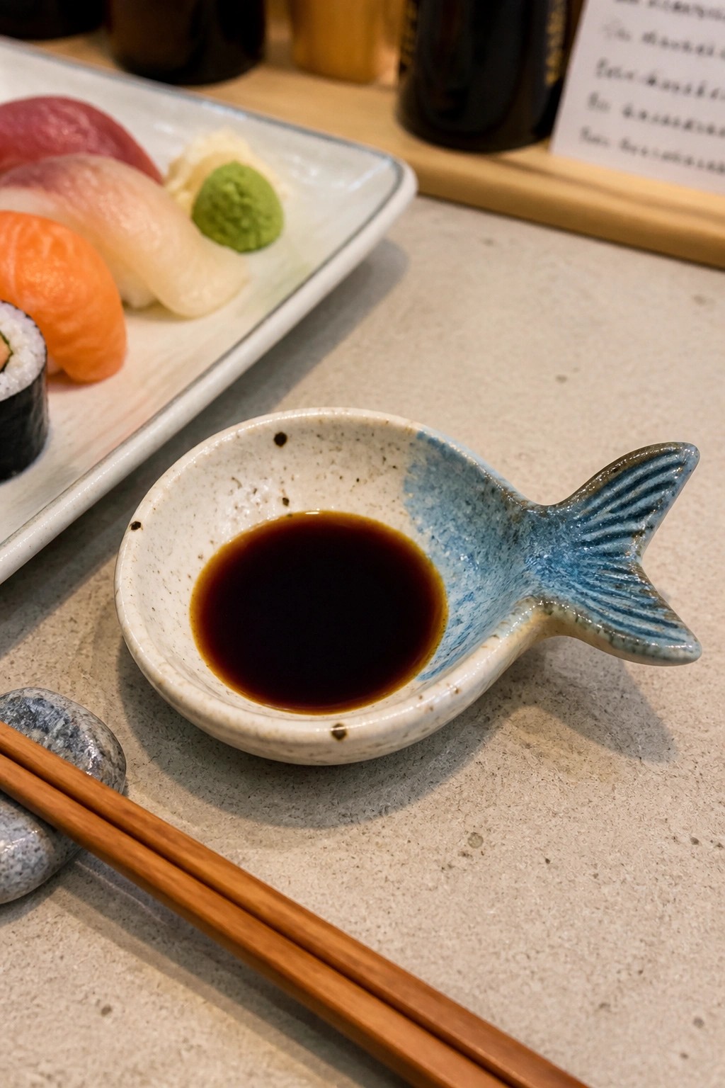 Ceramic fish-shaped soy sauce dish with chopsticks and sushi plate nearby