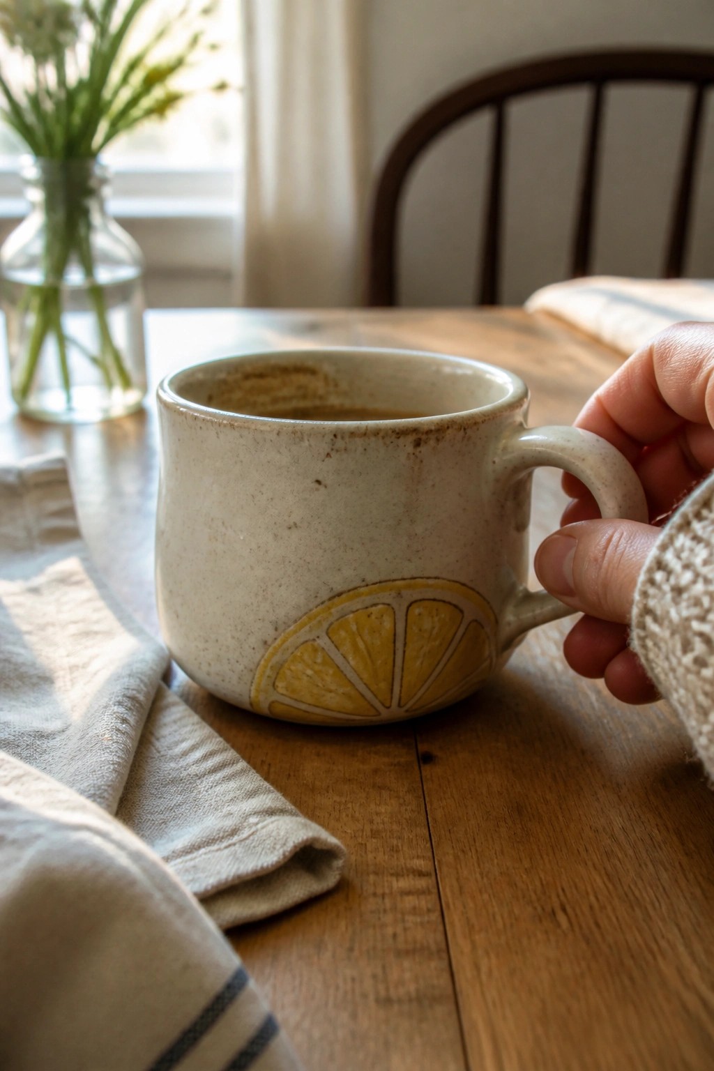 Hand in knit sleeve holds lemon-decorated ceramic mug on sunlit wooden table.