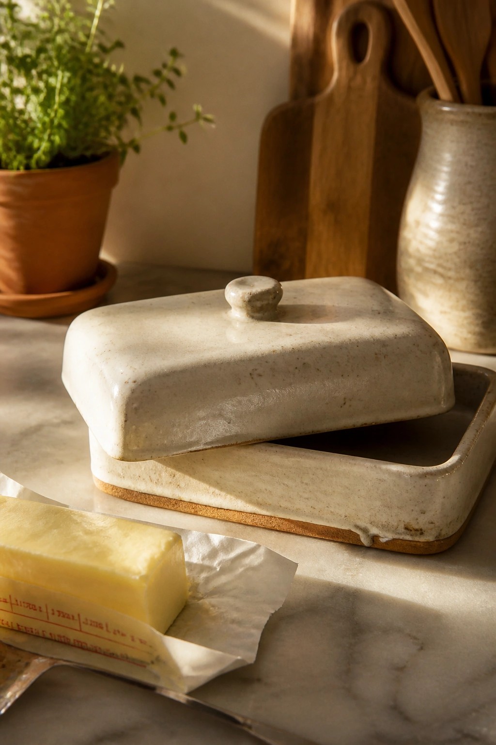 Speckled ceramic butter dish beside unwrapped stick on marble countertop