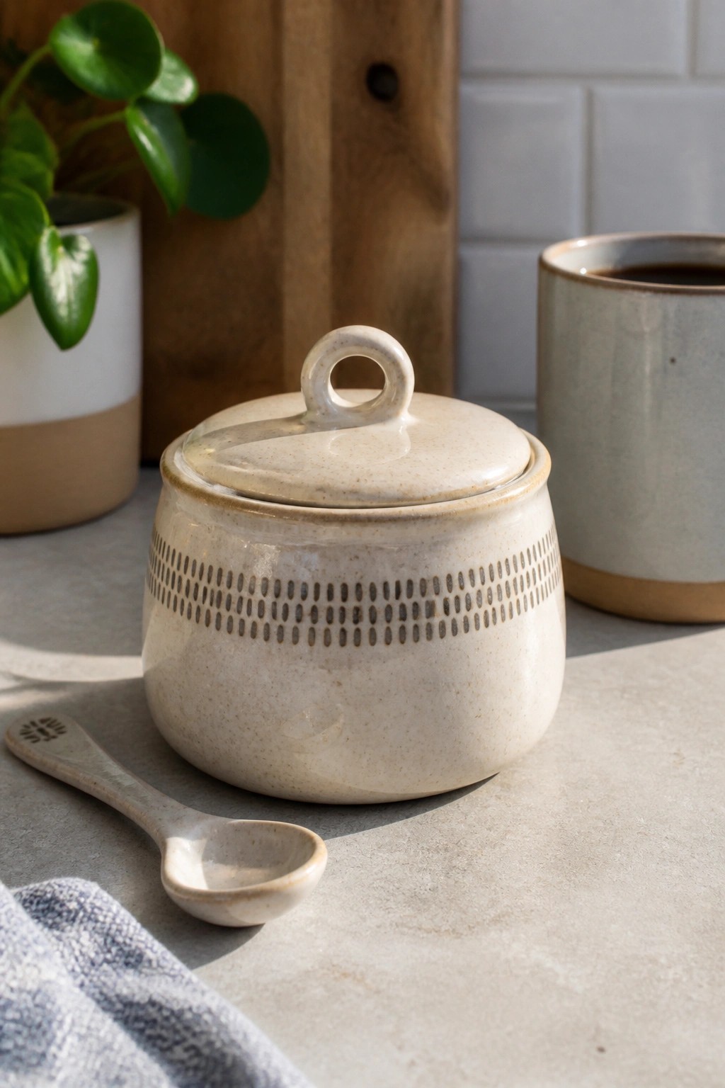 Creamy ceramic lidded jar with spoon beside coffee mug on countertop