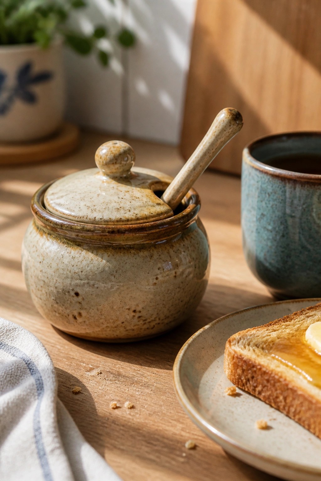 Ceramic honey pot with spoon beside buttered toast and blue-green cup on wooden table