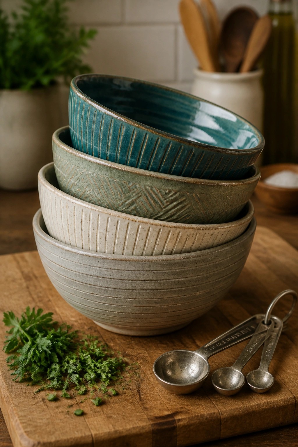 Stacked ceramic bowls beside measuring spoons and fresh herbs on wooden board