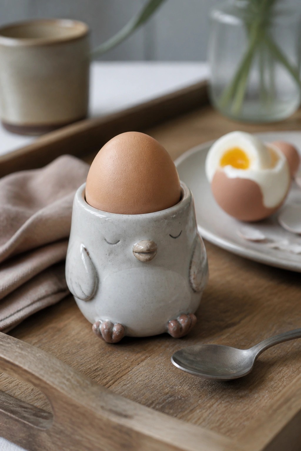 Ceramic bird egg cup holding brown egg on wooden tray beside metal spoon