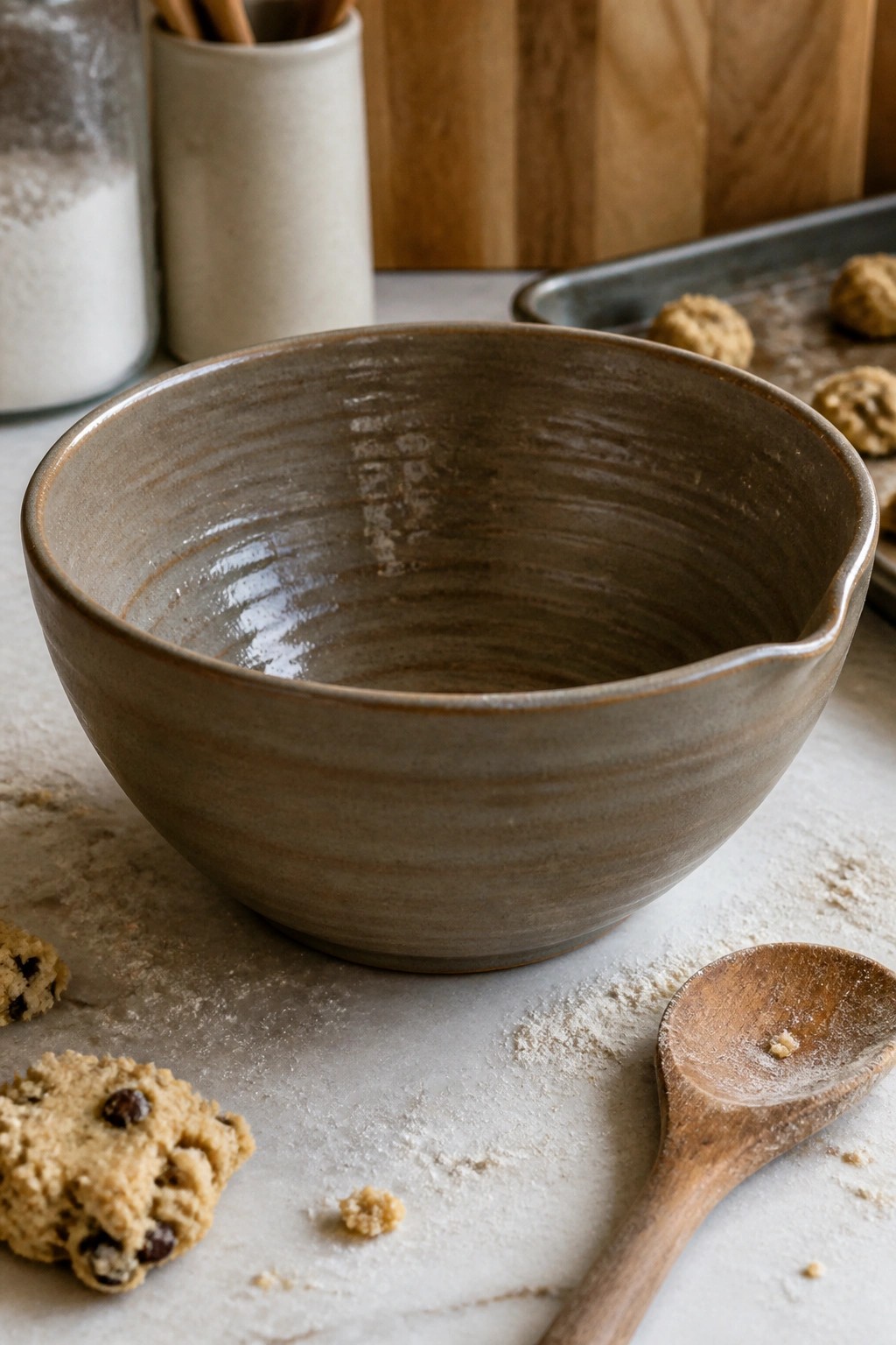 Rustic ceramic bowl with wooden spoon, flour, and cookies on marble counter