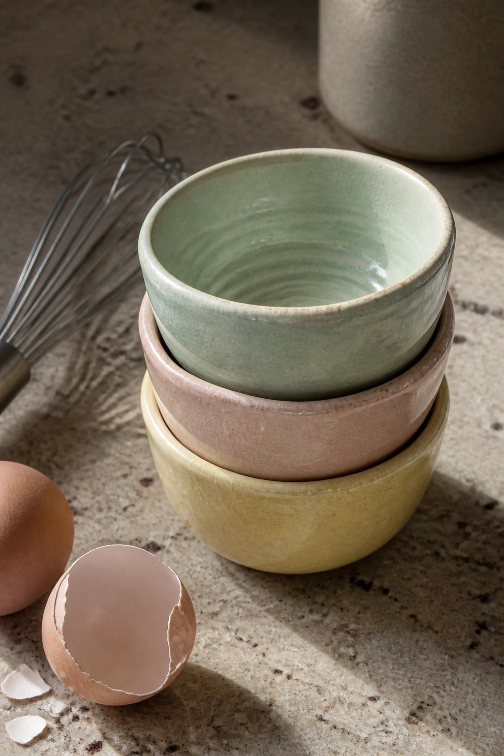 Stacked pastel bowls with whisk and cracked egg on stone countertop