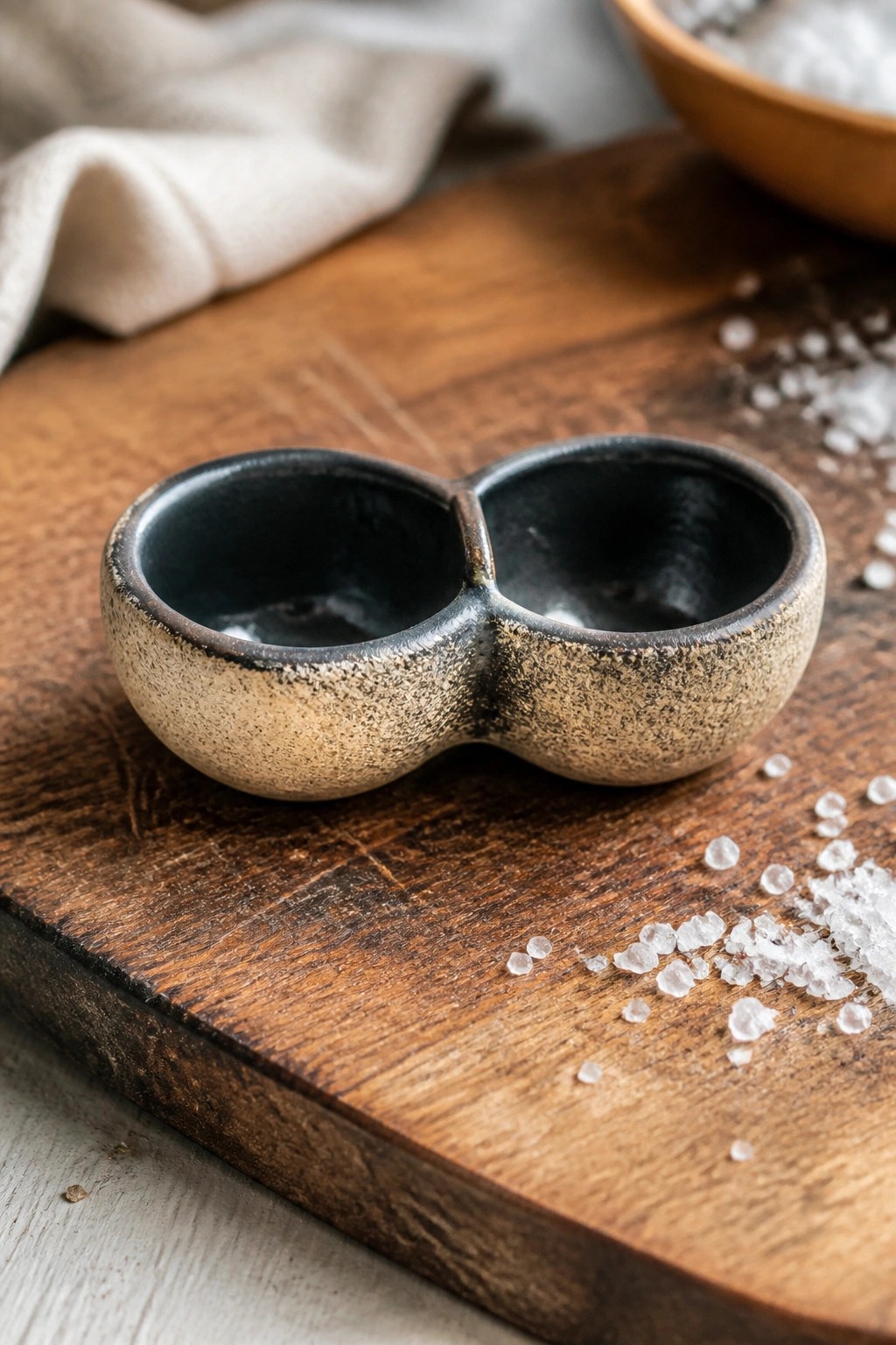 Speckled double ceramic bowl on wood with scattered salt crystals