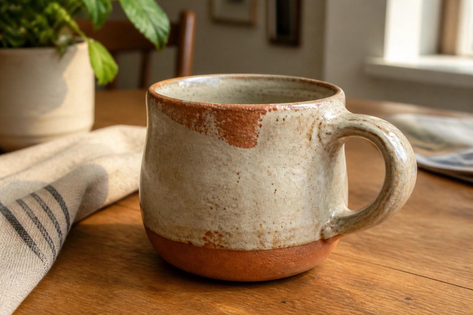 Handcrafted speckled ceramic mug on wooden table with plant and toast nearby