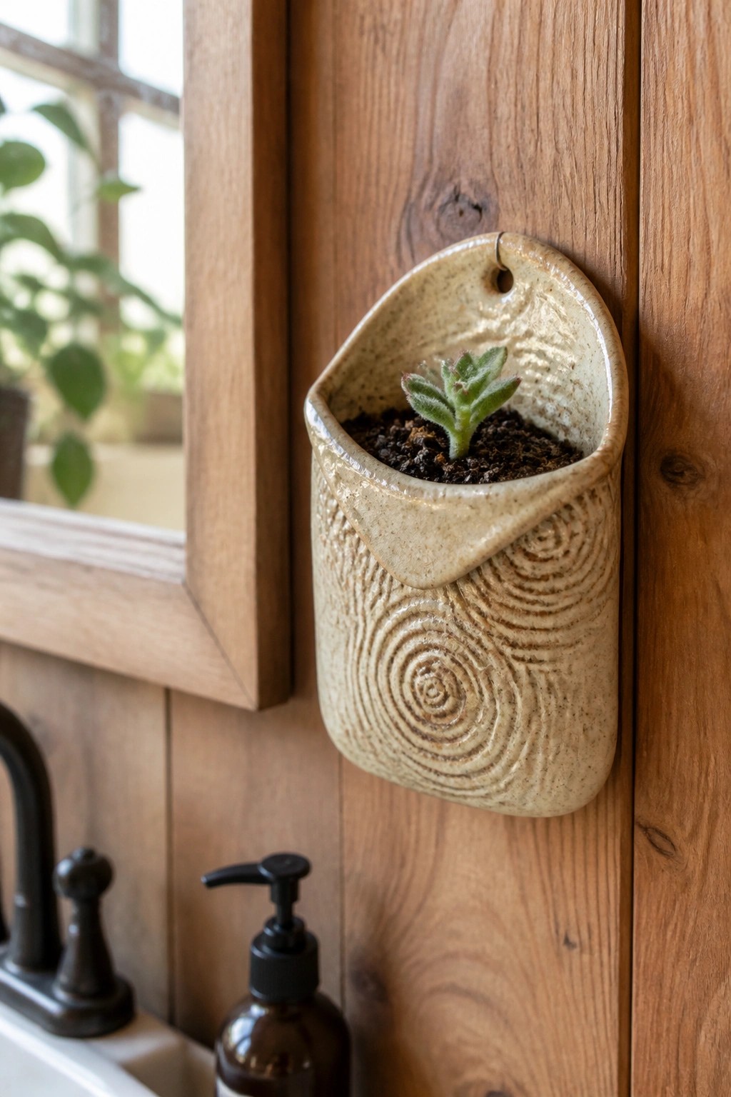 Textured ceramic hanging planter with small succulent on rustic wooden wall