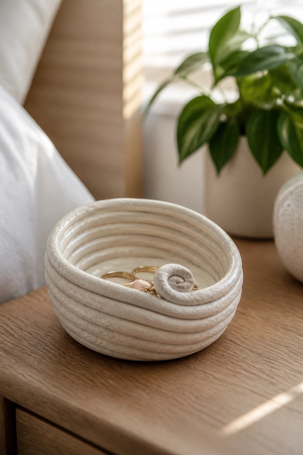 White ribbed ceramic bowl with gold rings and shell on wooden table