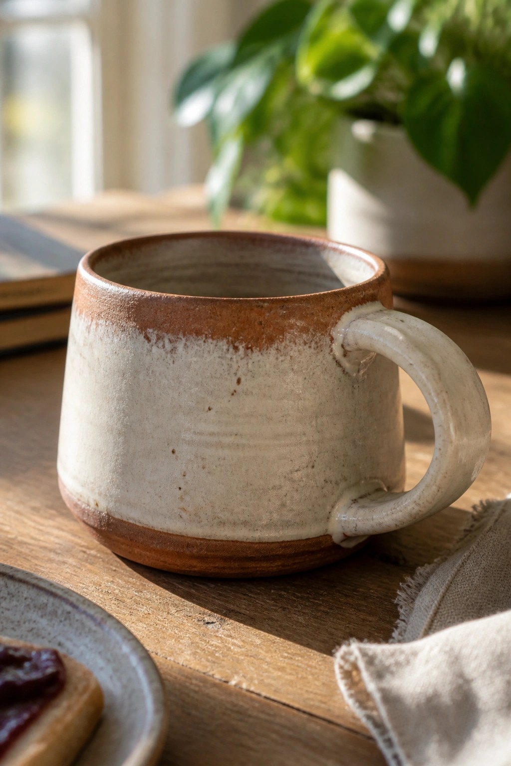 Handcrafted speckled ceramic mug on wooden table with plant and toast nearby