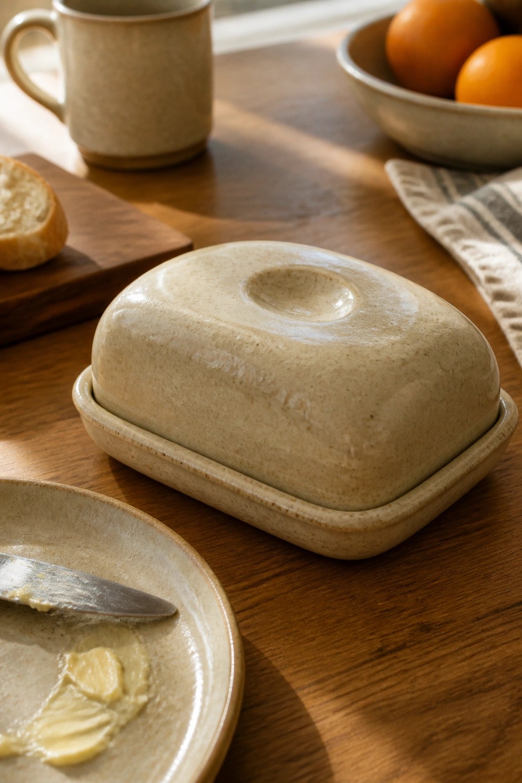 Speckled beige ceramic butter dish on wooden table beside butter plate.